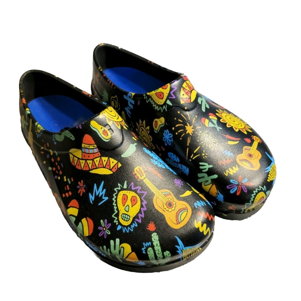Shoes For Crews Mens 8 Womens 10 Black Clogs Dia De Los‎ Muertos Guitar Sombrero